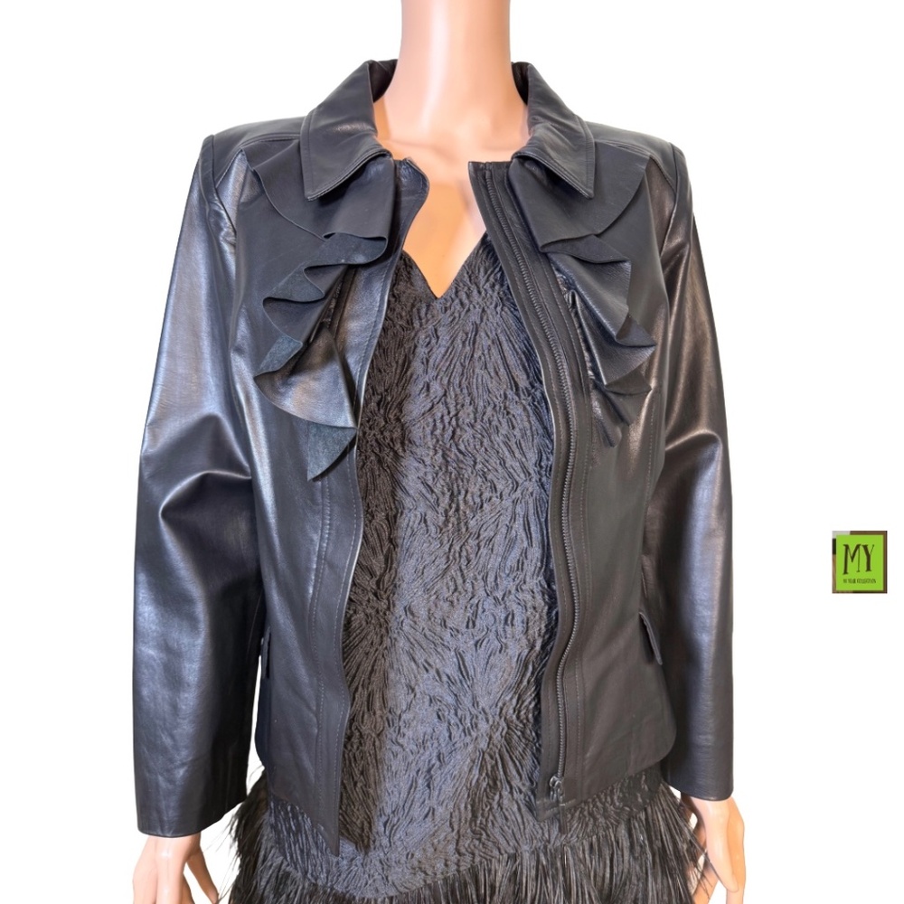 Oscar de la Renta Black Leather Ruffle Jacket Blazer Petite 14P Silk Lined